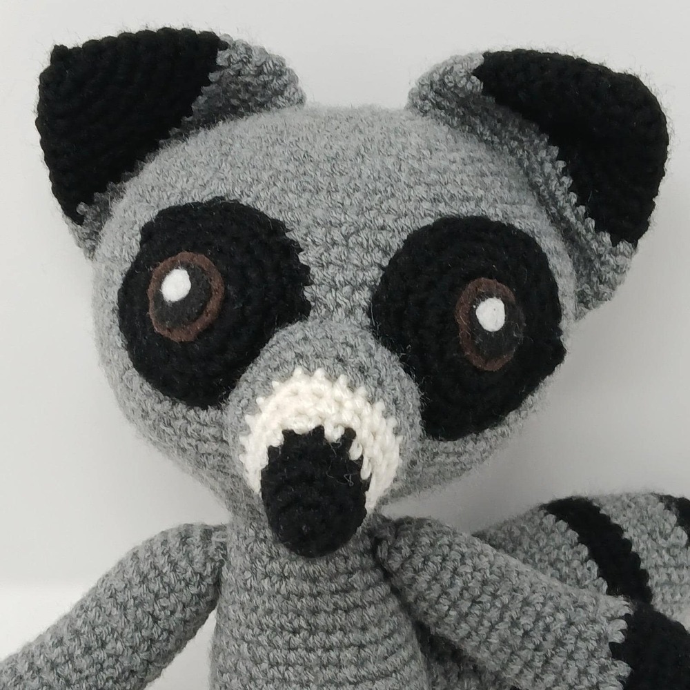 Adorable Handmade Gray Raccoon Doll Crocheted Stuffed Animal Plush Toy 13 Inches - Picture 2 of 8